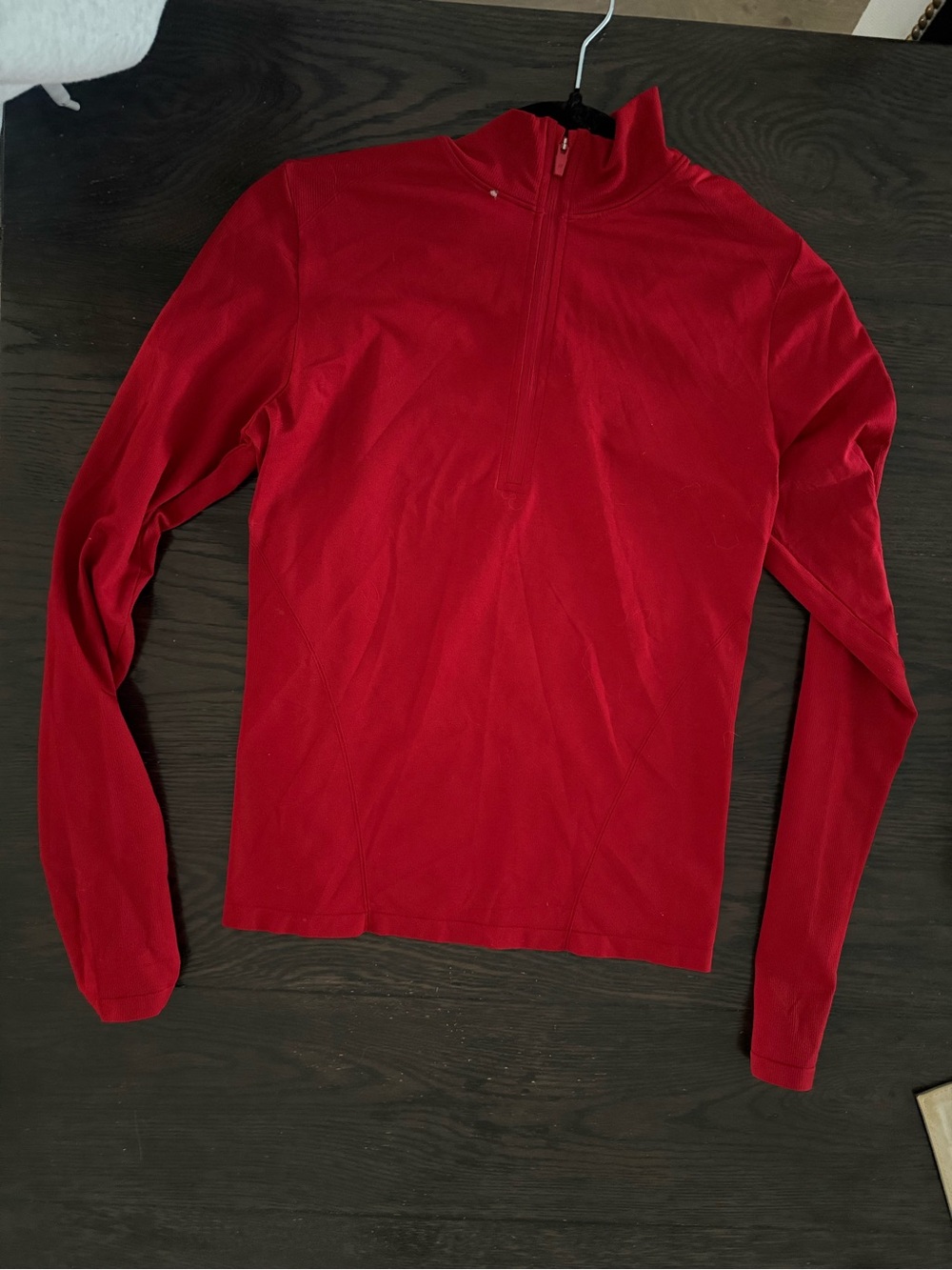 Women’s Red Quarter-Zip Sweater with matching biker shorts and leggings